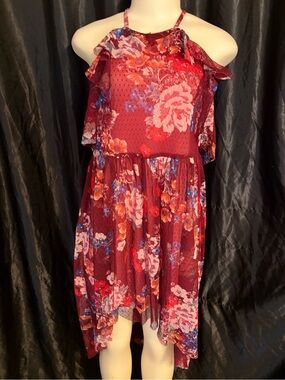 Bonnie Jean Burgundy Floral Cold-Shoulder Dress